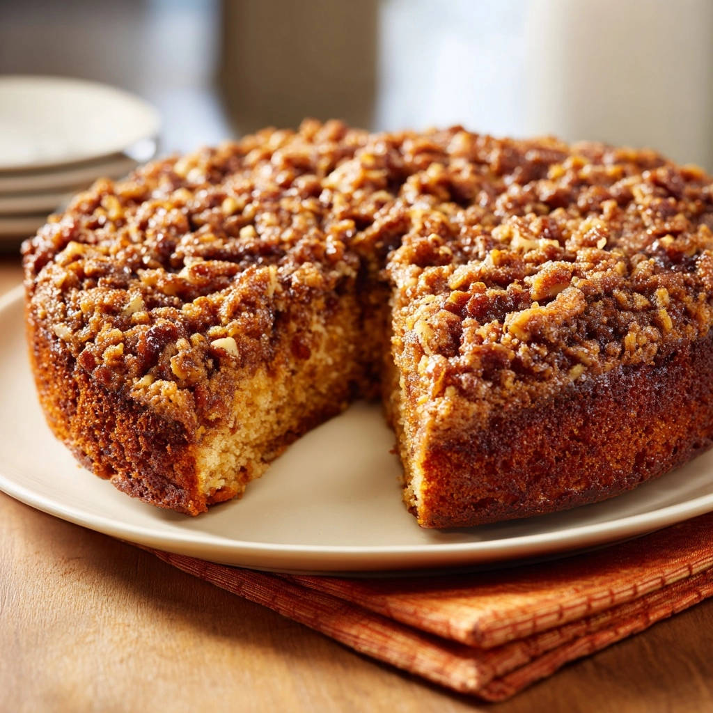 Karamell-Nuss-Kuchen angeschnitten, der saftige Boden und die nussige Streusel-Decke sind gut sichtbar.