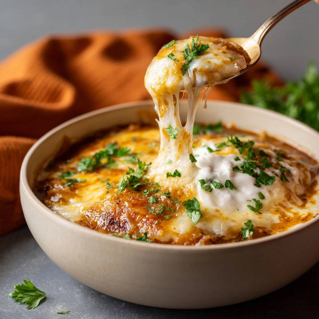 Herzhafter Kartoffel-Käse-Auflauf im Topf mit einem Löffel geschmolzenen Käse, der herausgezogen wird.