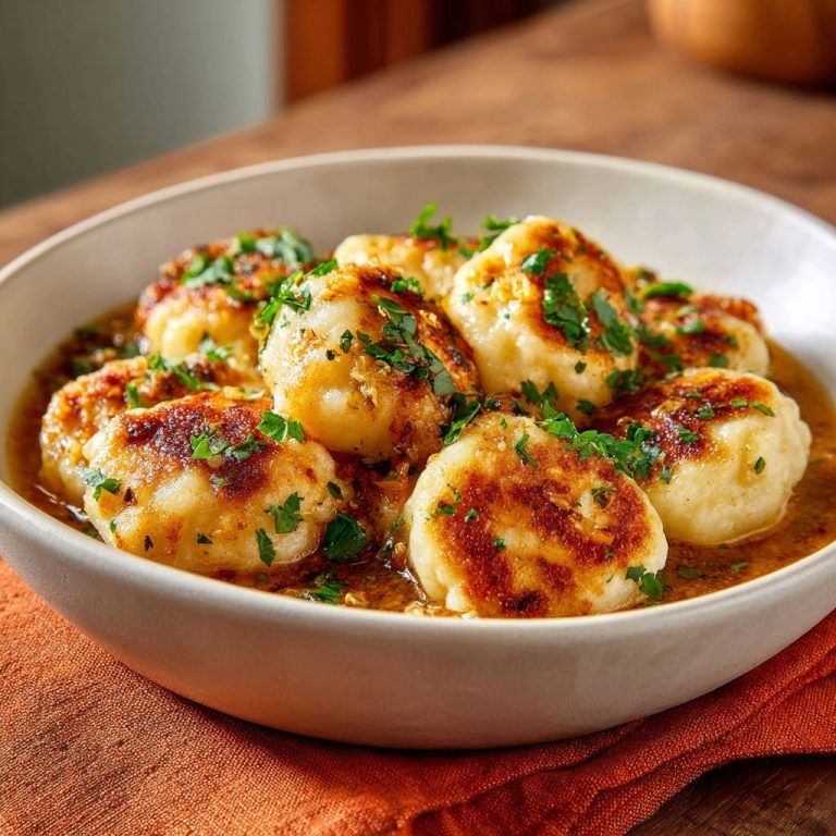 Goldbraune Kartoffel-Nuggets mit Kräutersauce, detailreiche Nahaufnahme der knusprigen Oberfläche und frischen Kräuter