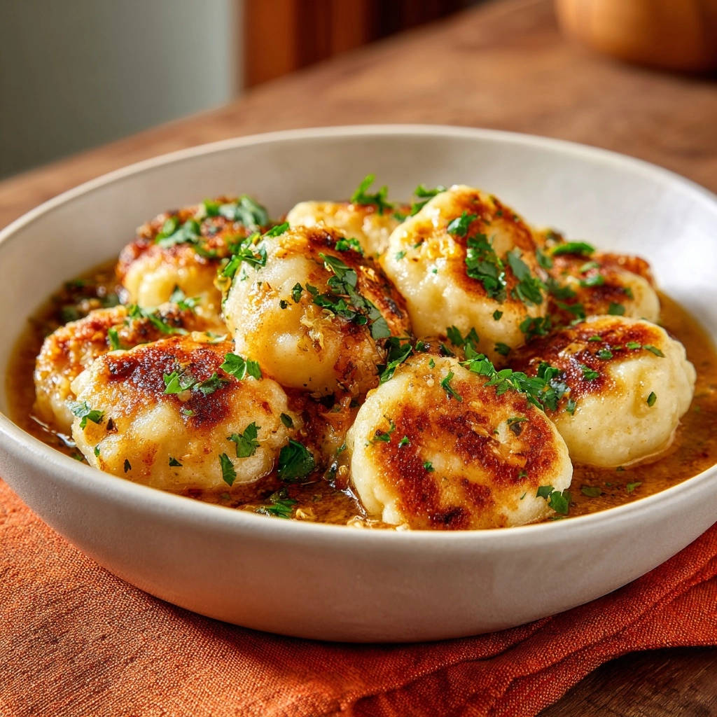Goldbraune Kartoffel-Nuggets mit Kräutersauce, detailreiche Nahaufnahme der knusprigen Oberfläche und frischen Kräuter