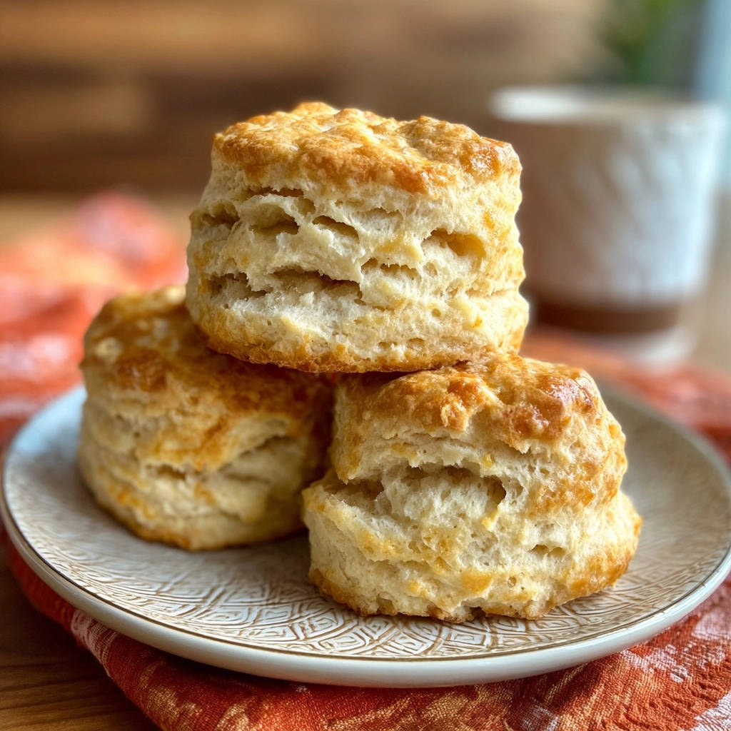 Klassische Buttermilch-Biscuits, gestapelt auf einem Teller mit einem dekorativen Rand, zeigen ihre luftigen Schichten.