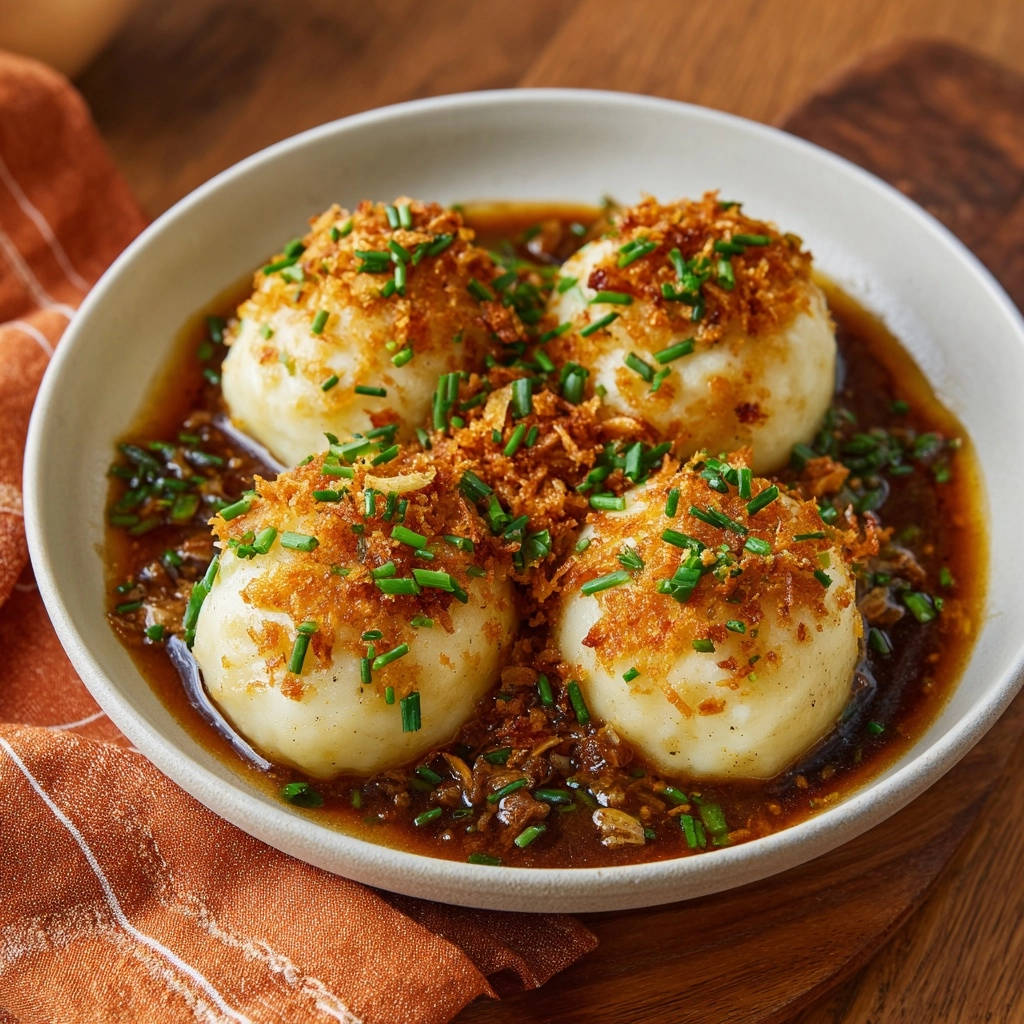 Klassische Kartoffelklöße mit Zwiebelsoße, serviert in einer Schüssel und garniert mit Röstzwiebeln und Schnittlauch.