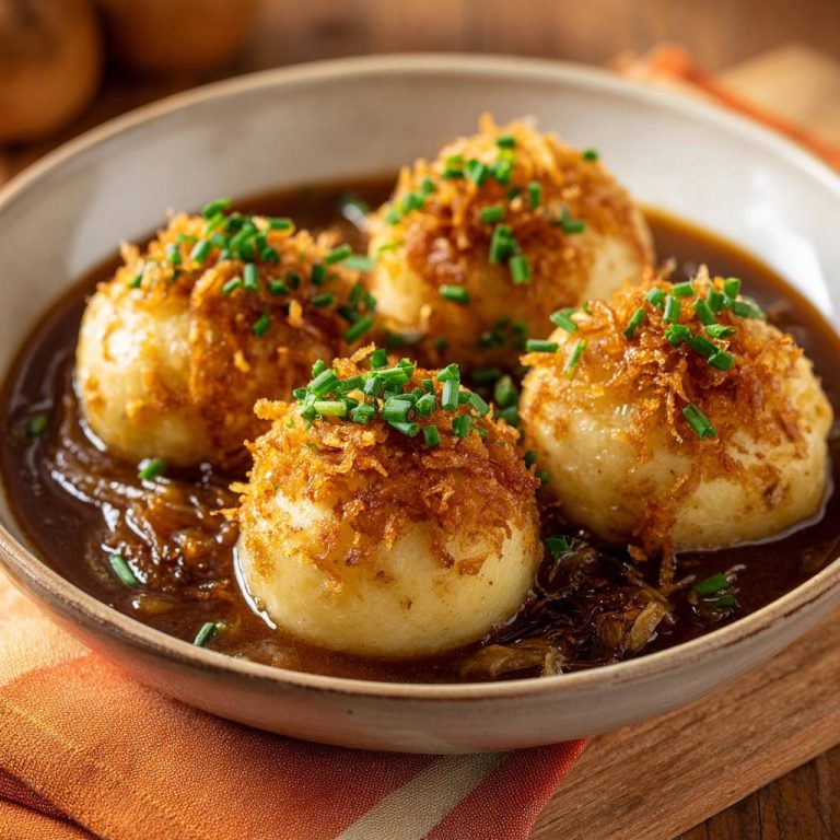 Klassische Kartoffelklöße mit Zwiebelsoße, garniert mit frischen Kräutern und Röstzwiebeln, in einer Schüssel serviert.