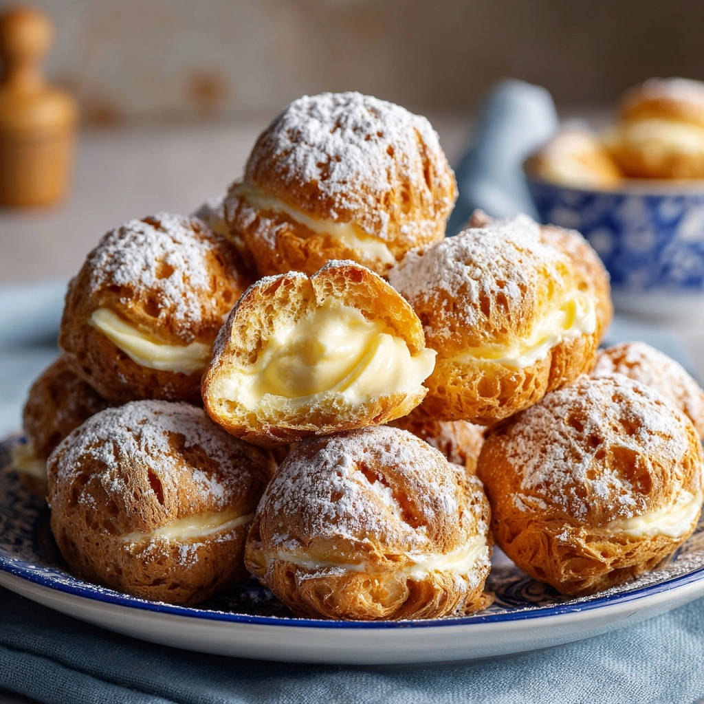 Klassische Windbeutel mit Vanillecreme, ein angeschnittener Windbeutel zeigt die cremige Füllung und luftigen Teig.