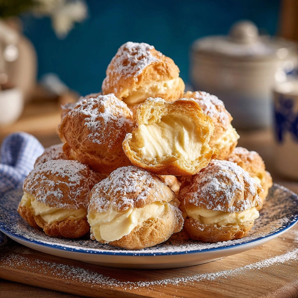 Klassische Windbeutel mit Vanillecreme, eine Nahaufnahme zeigt einen angeschnittenen Windbeutel mit cremiger Füllung und Puderzucker bestäubt.