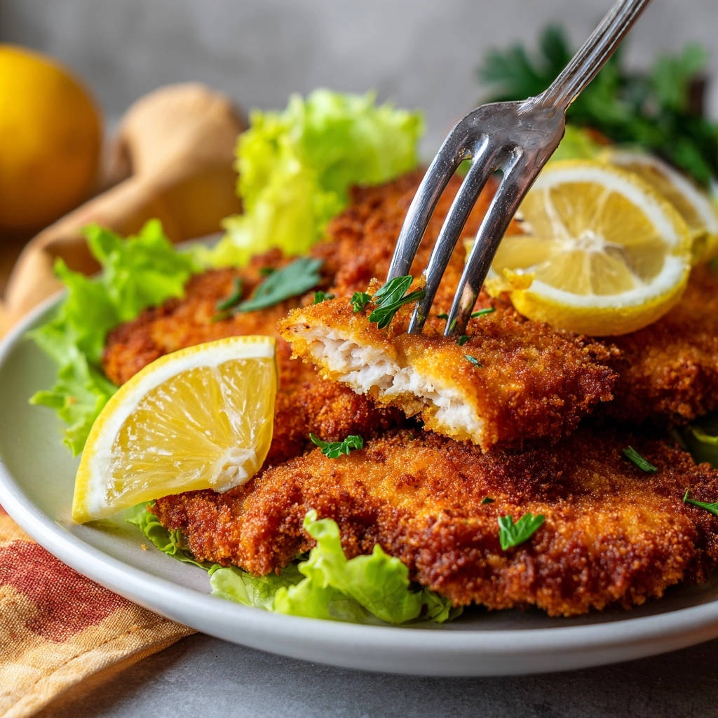 Knusprige Hähnchen-Schnitzel mit Zitrone und Salat, eine Gabel zeigt die saftige Innenseite.