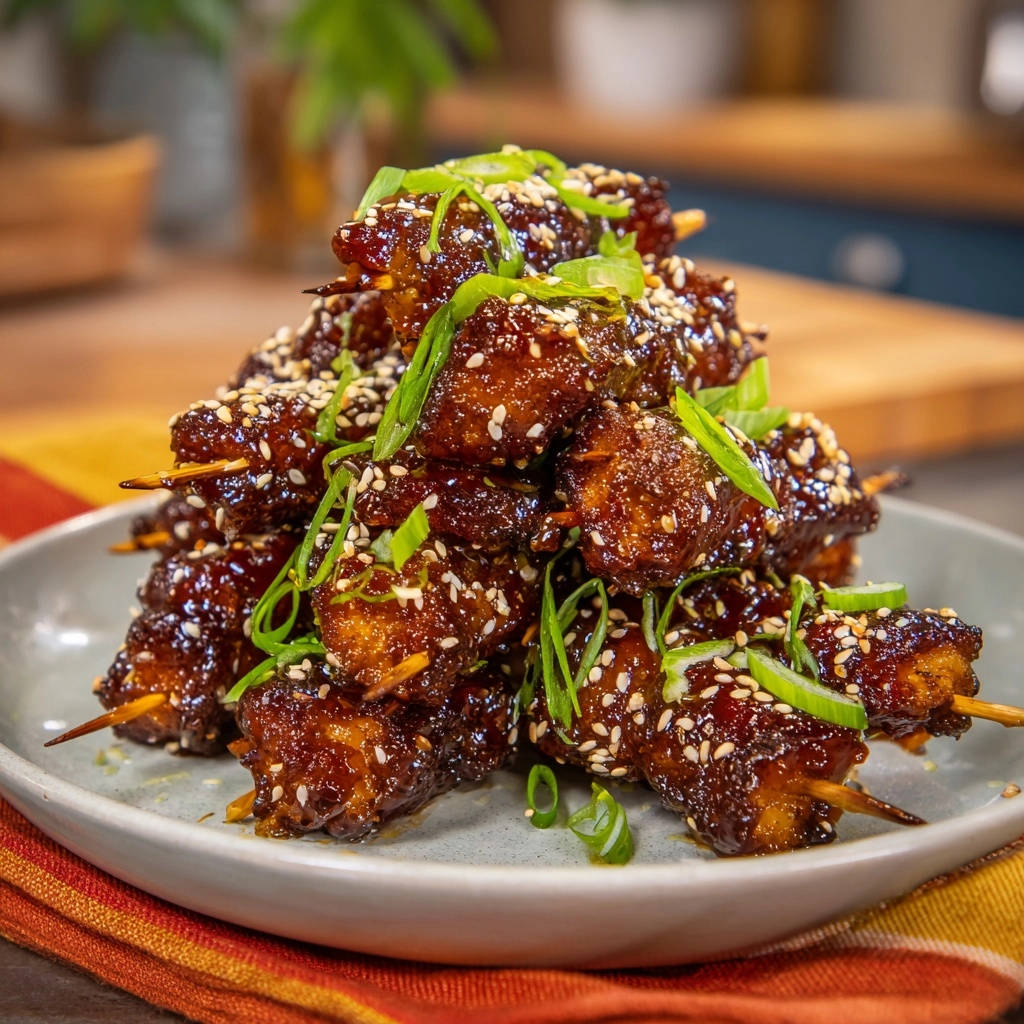 Knusprige Sesam-Hähnchen-Bites garniert mit Sesam und Frühlingszwiebeln auf einem Teller serviert.