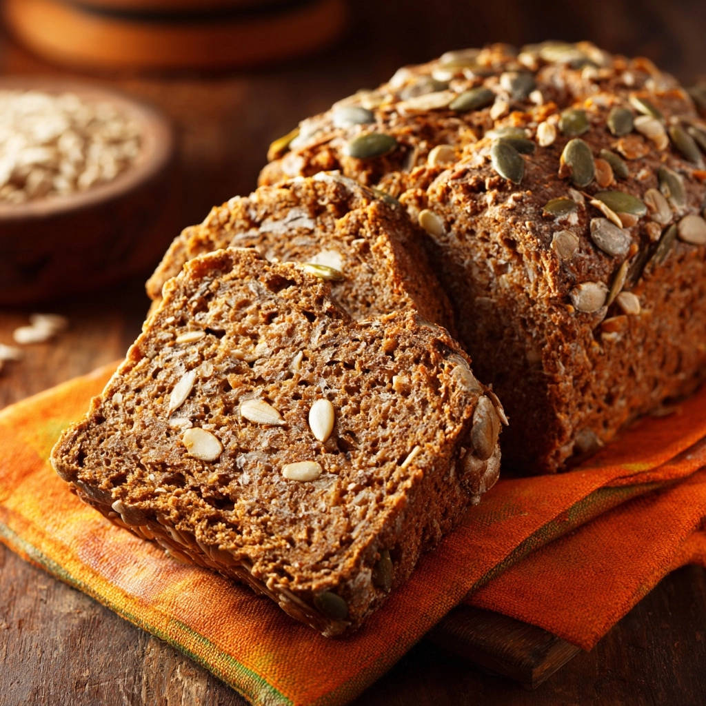 Saftiges Körner-Vollkornbrot angeschnitten, Nahaufnahme der Textur mit Sonnenblumen- und Kürbiskernen.