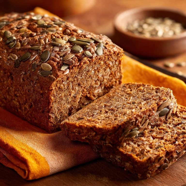 Saftiges Körner-Vollkornbrot angeschnitten mit vielen Kernen und Saaten, Nahaufnahme der Kruste und des Inneren.