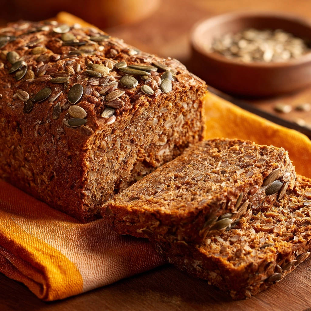 Saftiges Körner-Vollkornbrot angeschnitten mit vielen Kernen und Saaten, Nahaufnahme der Kruste und des Inneren.