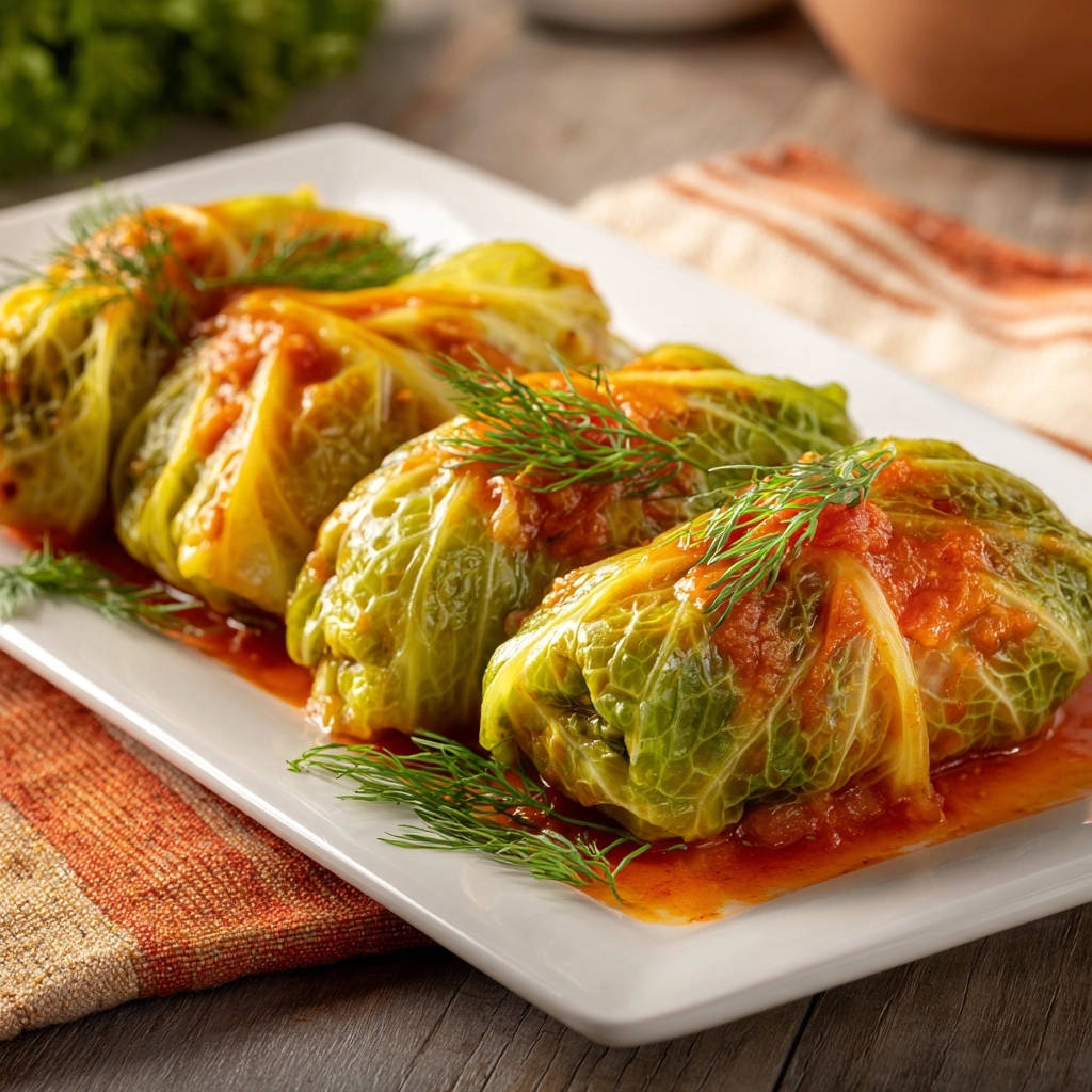 Saftige Kohlrouladen, serviert auf einem weißen Teller und garniert mit frischem Dill und Tomatensauce.