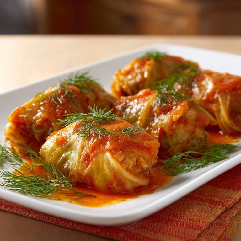 Saftige Kohlrouladen mit Dill garniert, serviert auf einem weißen Teller in einer köstlichen Tomatensoße.
