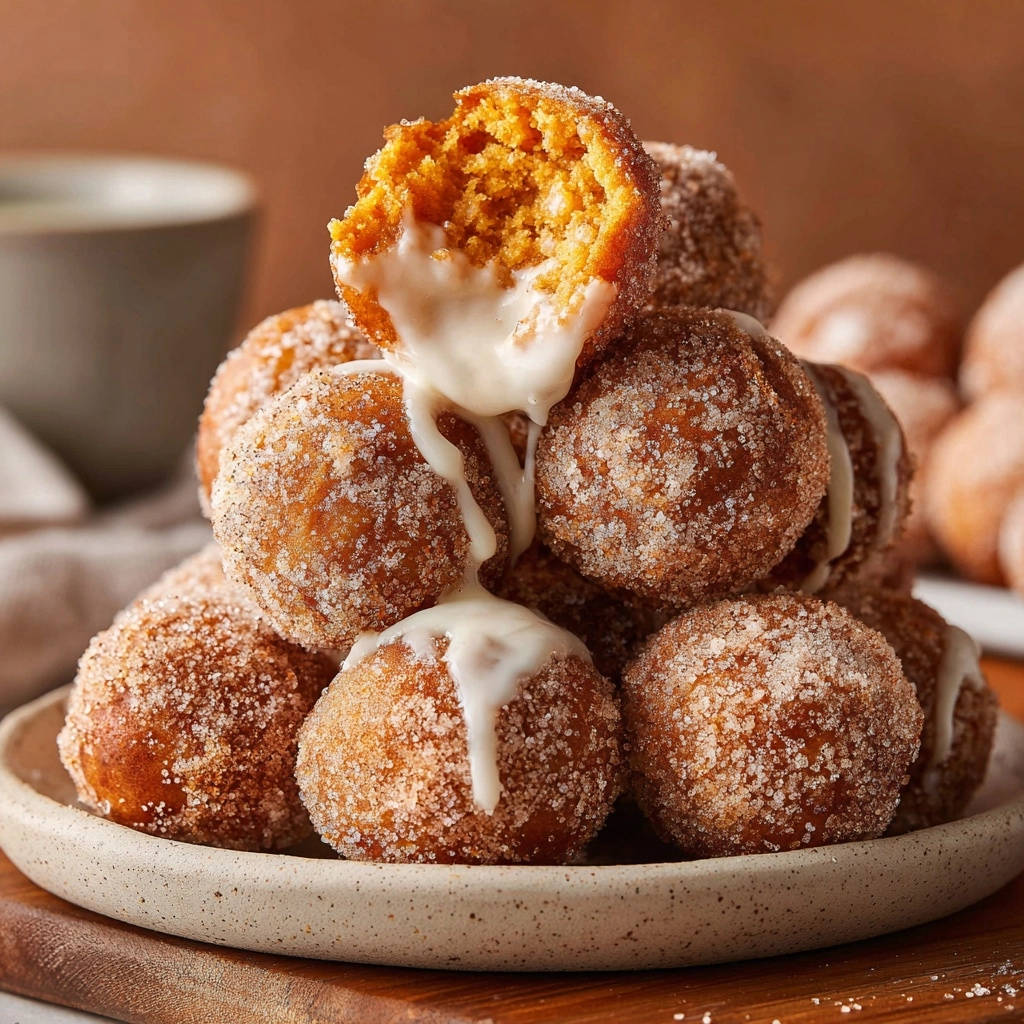 Kürbis-Zimtzucker-Donut-Bällchen, ein Stück angeschnitten, mit cremigem Zuckerguss übergossen, zeigt die saftige Innenseite.