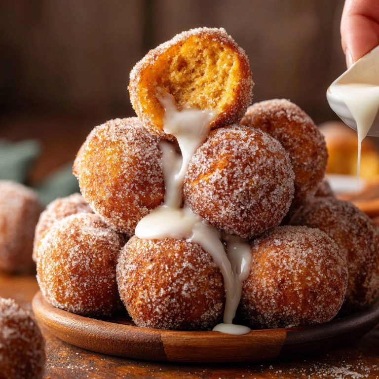 Kürbis-Zimtzucker-Donut-Bällchen mit Glasur, die auf einen aufgeschnittenen Donut-Ballen gegossen wird.