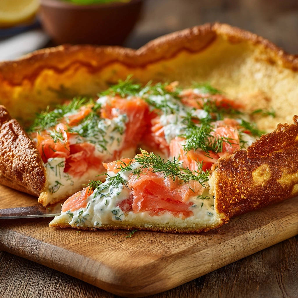 Lachs-Ofenpfannkuchen mit Lachs und Dill, angeschnitten auf einem Holzbrett, zeigt das knusprige Innere.