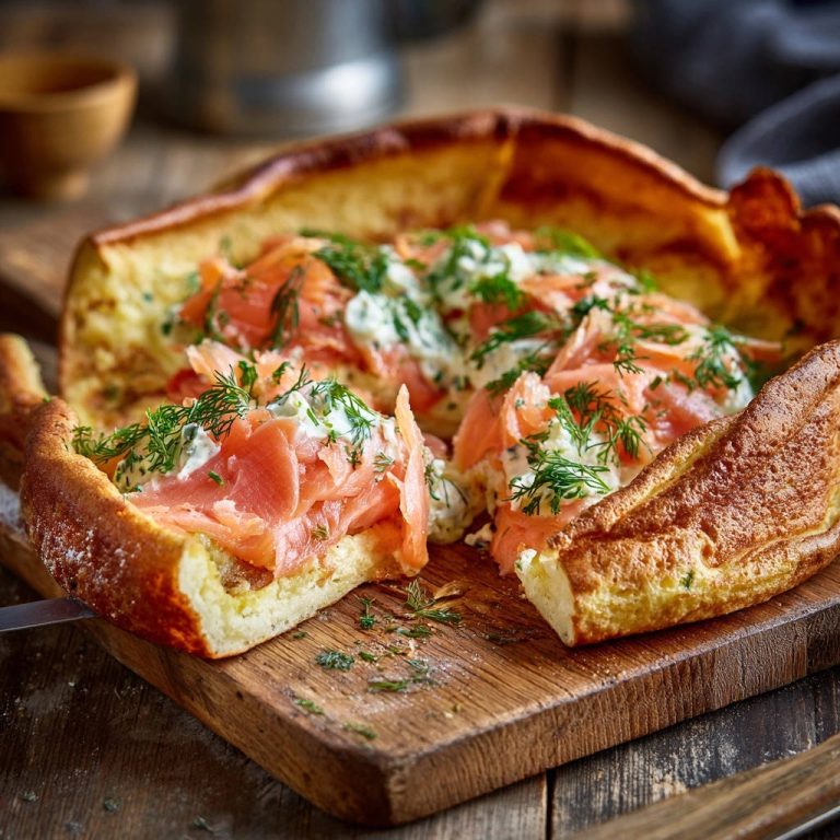 Lachs-Ofenpfannkuchen, angeschnitten auf einem Holzbrett mit Lachs und Dill garniert