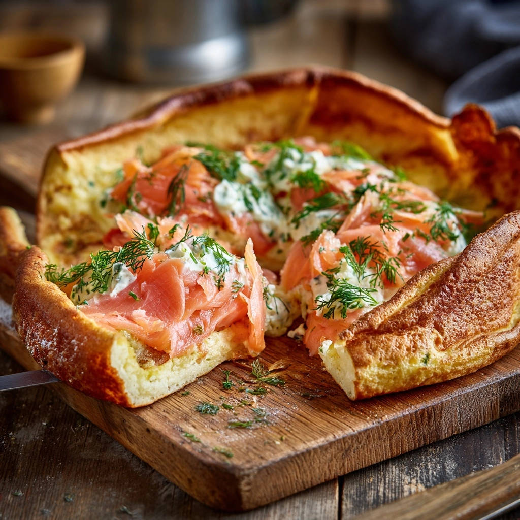 Lachs-Ofenpfannkuchen, angeschnitten auf einem Holzbrett mit Lachs und Dill garniert