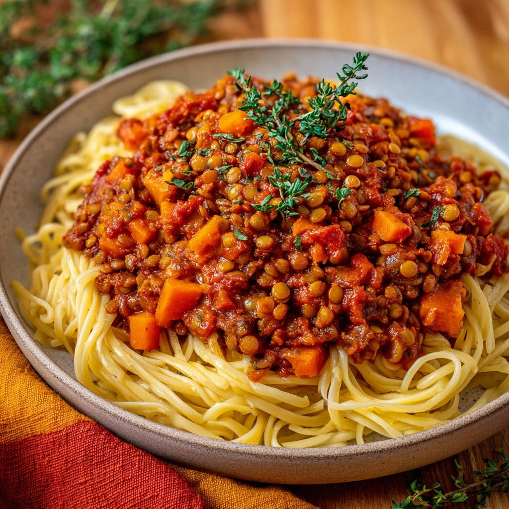 Herzhafte Linsenbolognese auf Spaghetti, garniert mit frischen Kräutern und detailreicher Textur.