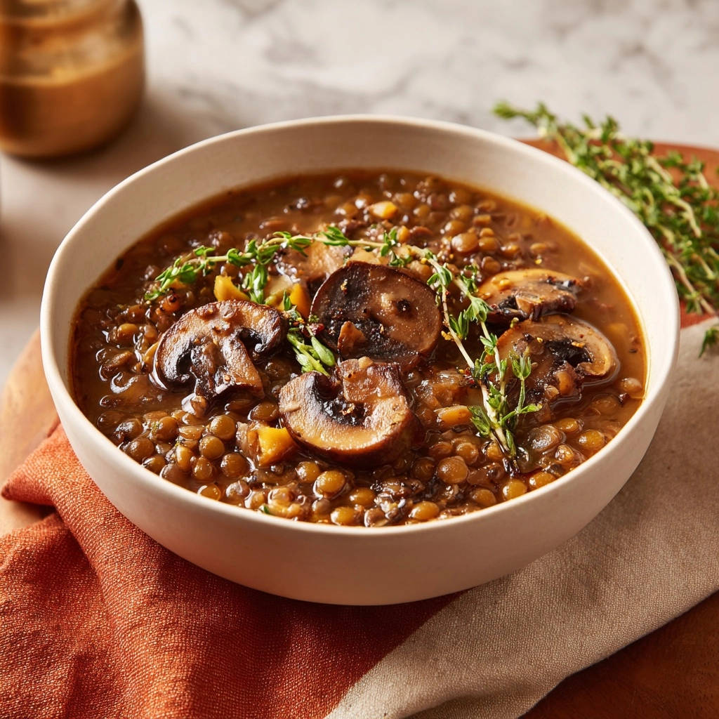Herzhafte Linsensuppe mit Pilzen und Thymian in einer Schüssel, nahaufnahme der dampfenden Textur und Garnitur.