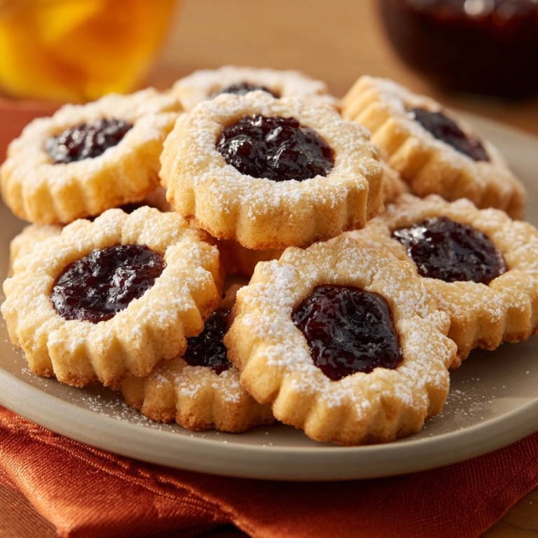 Feine Marmeladen-Blüten mit Puderzucker bestäubt, detailreiche Nahaufnahme der blütenförmigen Kekse mit Marmeladenfüllung.
