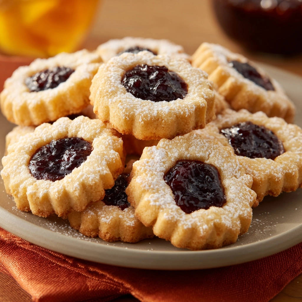 Feine Marmeladen-Blüten mit Puderzucker bestäubt, detailreiche Nahaufnahme der blütenförmigen Kekse mit Marmeladenfüllung.