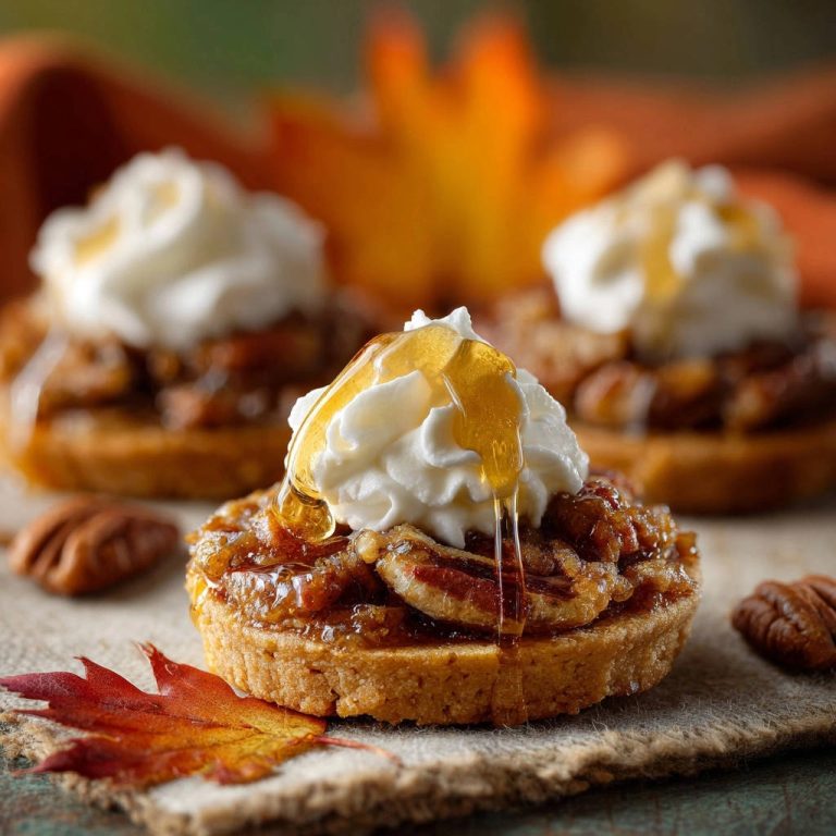 Goldene Mini-Pecan-Törtchen mit Honig und Sahne garniert auf einem rustikalen Tuch, nahaufnahme