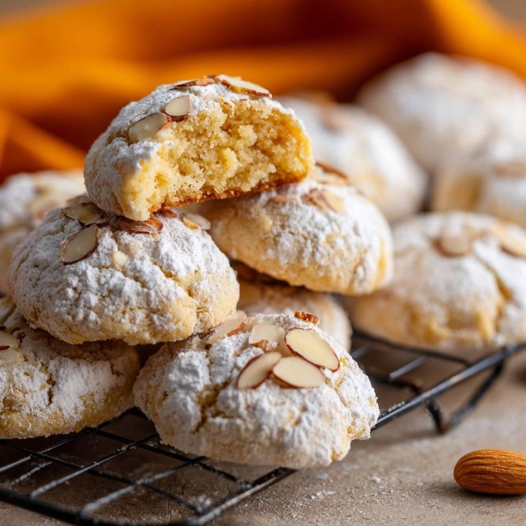 Mürbe Mandelkekse à la Mama angeschnitten und mit Puderzucker und Mandelblättchen bestreut, zeigen ihre zarte Textur.