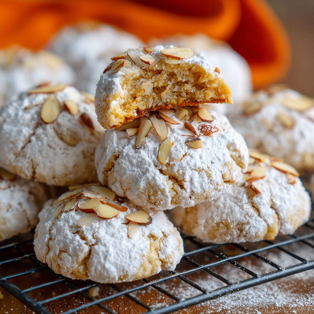 Mürbe Mandelkekse à la Mama angeschnitten im Detail, mit Puderzucker bestäubt und Mandelsplittern garniert.