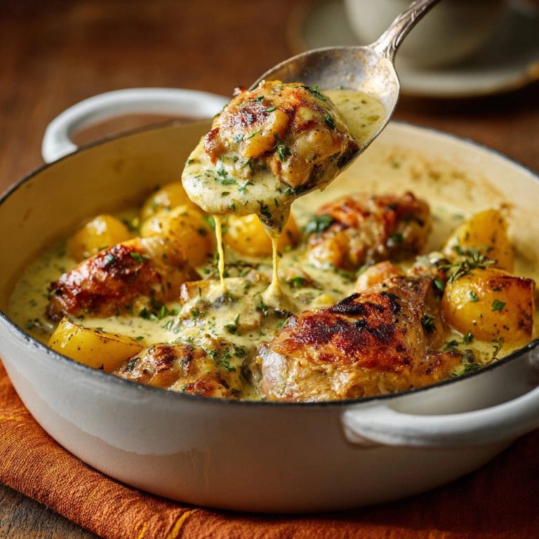 Cremiges Ofen-Hähnchen mit Kartoffeln, das mit einer Sauce übergossen wird, die von einem Löffel tropft.