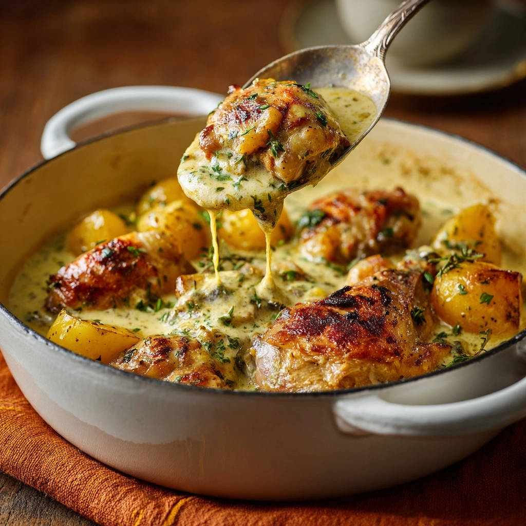 Cremiges Ofen-Hähnchen mit Kartoffeln, das mit einer Sauce übergossen wird, die von einem Löffel tropft.