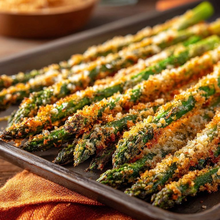 Knuspriger Ofen-Spargel mit einer goldbraunen Kruste aus Semmelbröseln und Kräutern, nah aufgenommen.