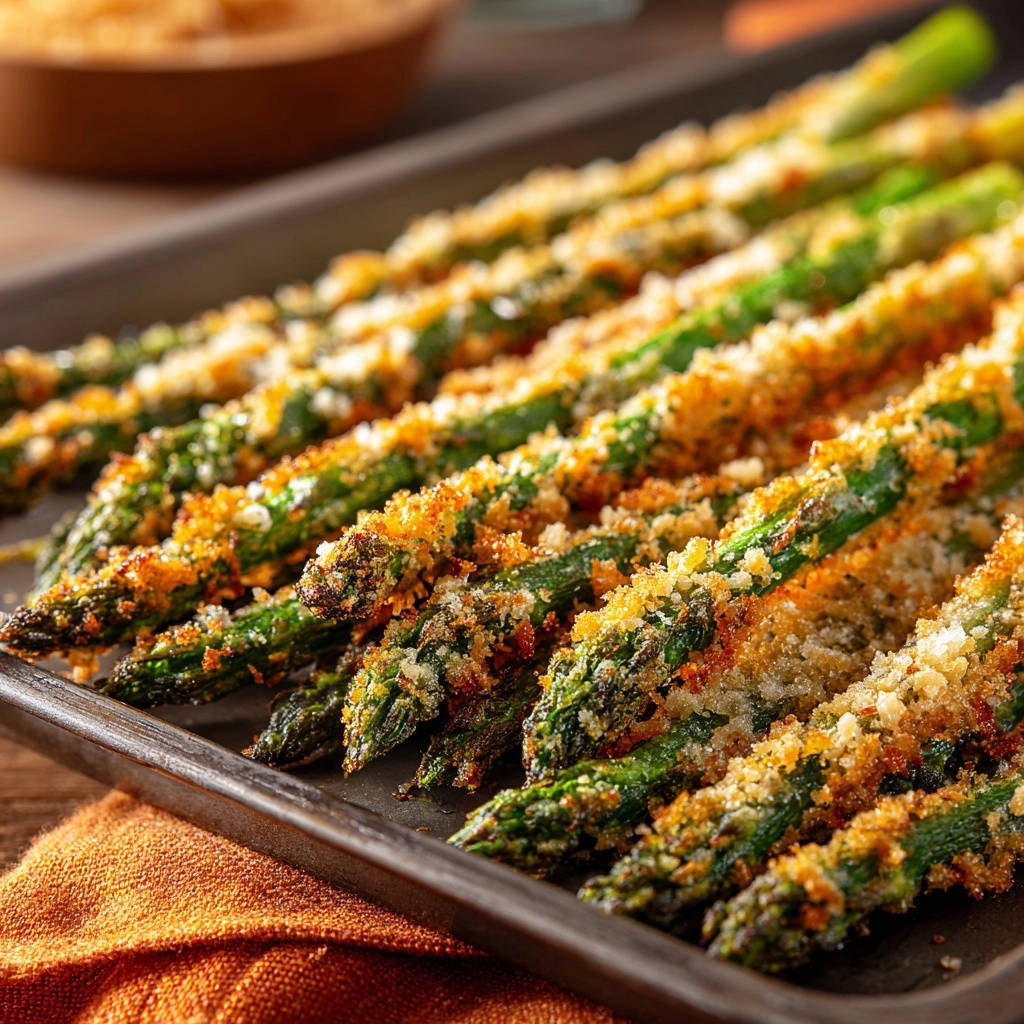 Knuspriger Ofen-Spargel mit einer goldbraunen Kruste aus Semmelbröseln und Kräutern, nah aufgenommen.