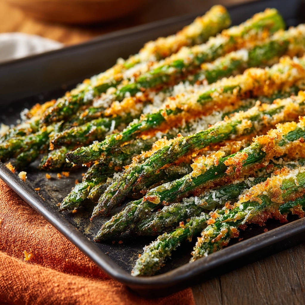 Knuspriger Ofen-Spargel nah aufgenommen, mit einer goldenen Paniermasse überzogen, die für einen unwiderstehlich perfekten Biss sorgt.