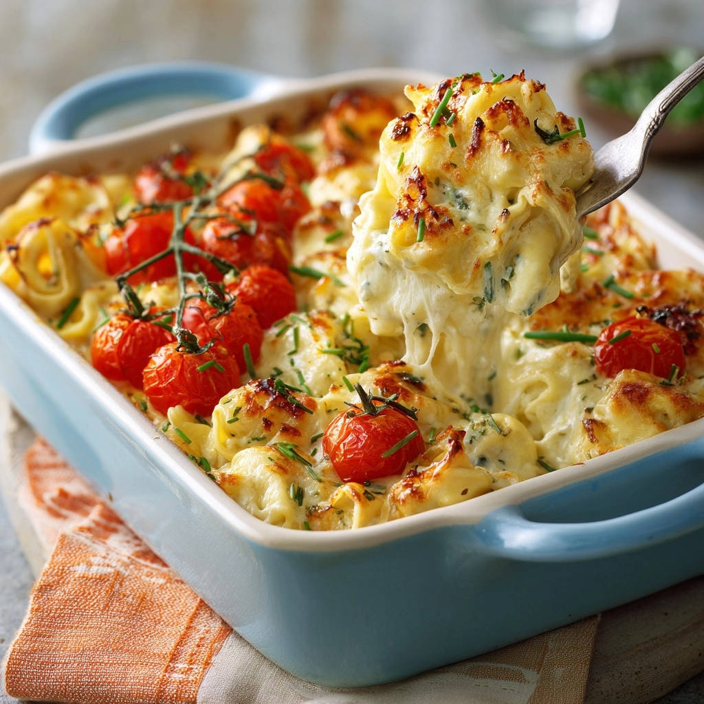 Cremige Ofen-Tortellini mit Kirschtomaten, eine Gabel hebt cremige Tortellini mit geschmolzenem Käse und Kirschtomaten aus der Auflaufform.