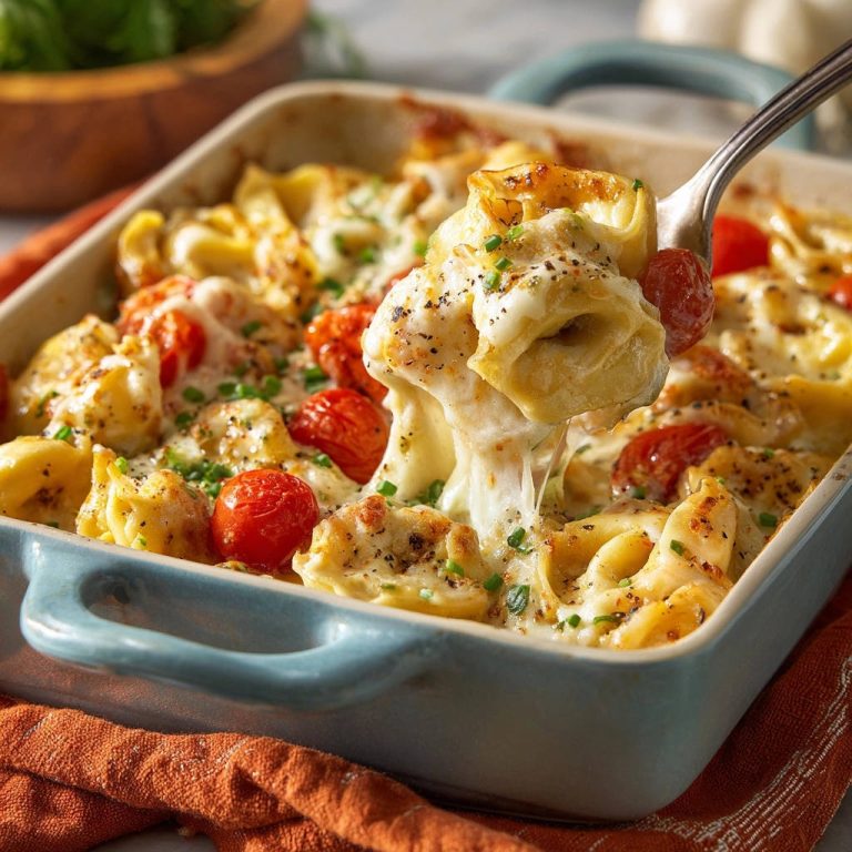 Cremige Ofen-Tortellini mit Kirschtomaten, auf einer Gabel mit geschmolzenem Käse und Kräutern, nahaufnahme.