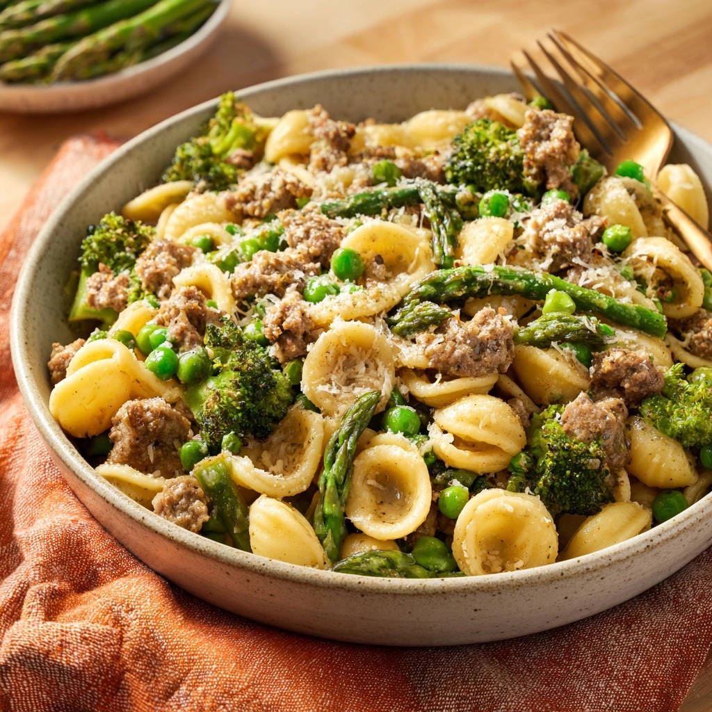 Orecchiette mit Hackfleisch und Frühlingsgemüse in einer Schüssel, nahaufnahme mit Fokus auf die Nudeln und das Gemüse.