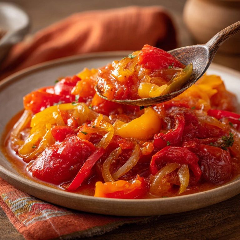 Herzhaftes Paprika-Gemüse mit sämiger Soße, aufgenommen mit einem Holzlöffel, der eine Portion aus der Schüssel hebt.