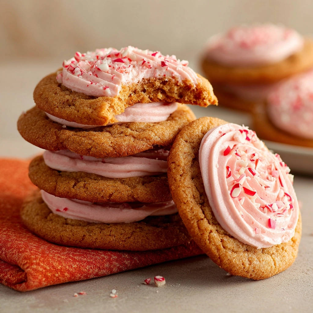 Peppermint-Zuckerplätzchen angeschnitten und mit zarter rosa Pfefferminzcreme und zerstoßenen Bonbons garniert.