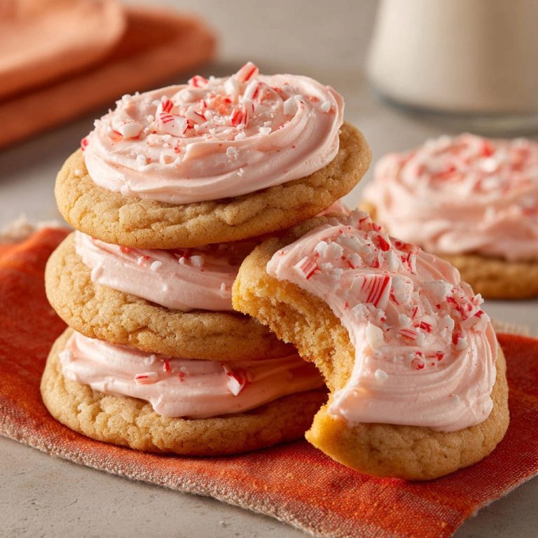 Peppermint-Zuckerplätzchen mit zartrosa Frosting und zerstoßenen Pfefferminzbonbons garniert, Nahaufnahme eines angeschnittenen Kekses