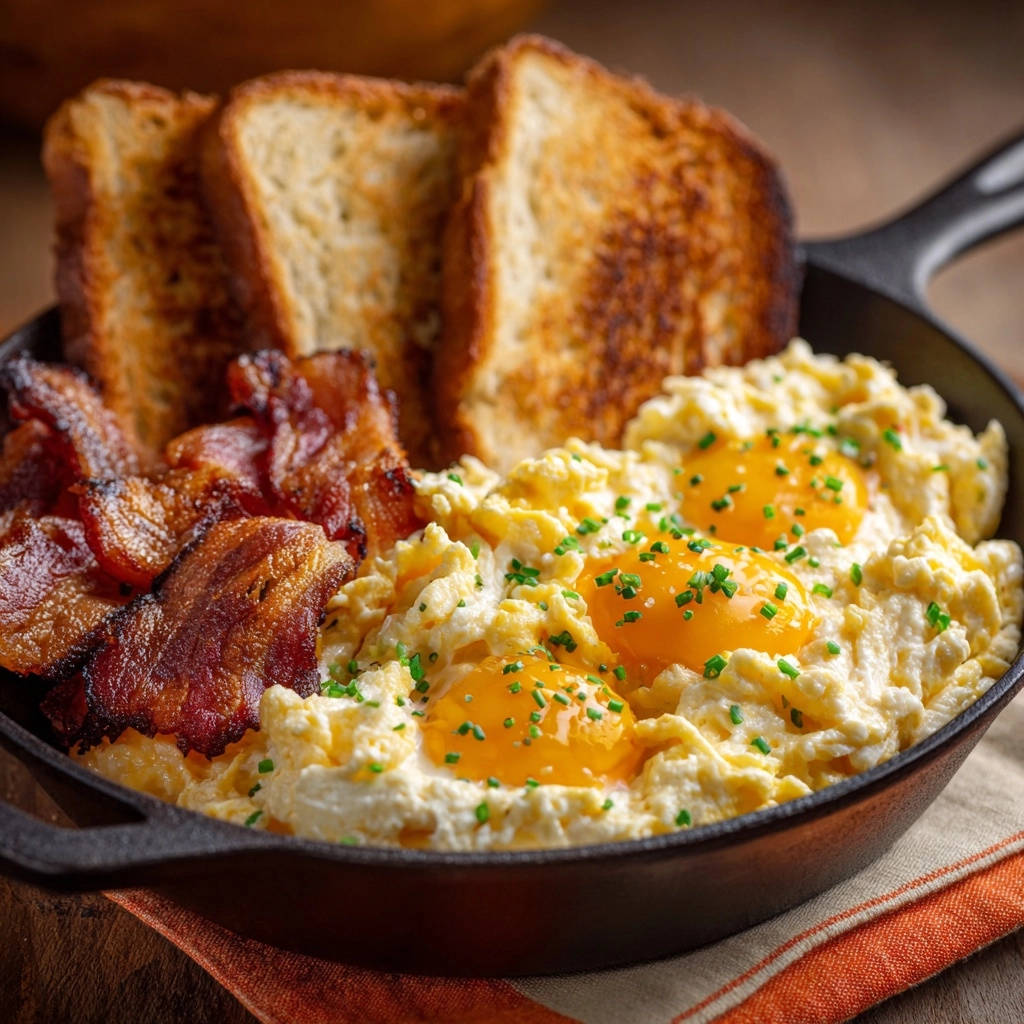 Dein ultimatives Pfannenfrühstück mit gebratenem Speck, Spiegeleiern und Toast, garniert mit Schnittlauch.