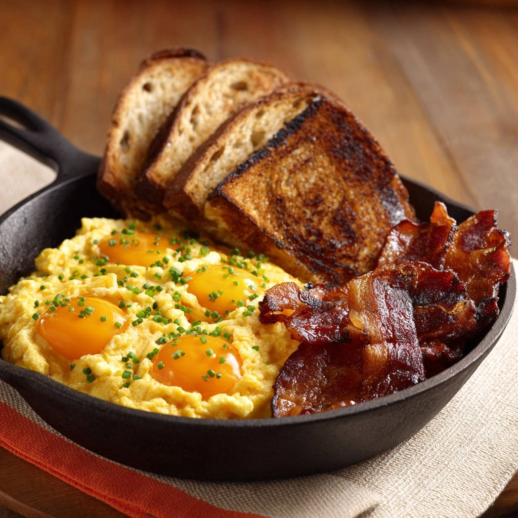 Dein ultimatives Pfannenfrühstück mit cremigen Eiern, knusprigem Speck und geröstetem Brot in einer Gusseisenpfanne, Nahaufnahme.