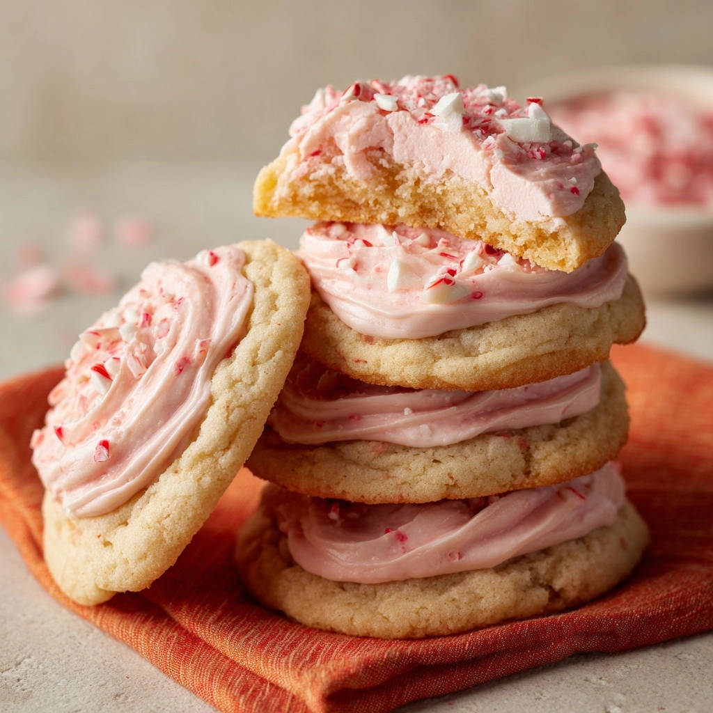 Himmlische Pfefferminz-Zuckerplätzchen mit zarter rosa Glasur und zerstoßenen Pfefferminzbonbons, nahaufnahme der garnierten Oberfläche.