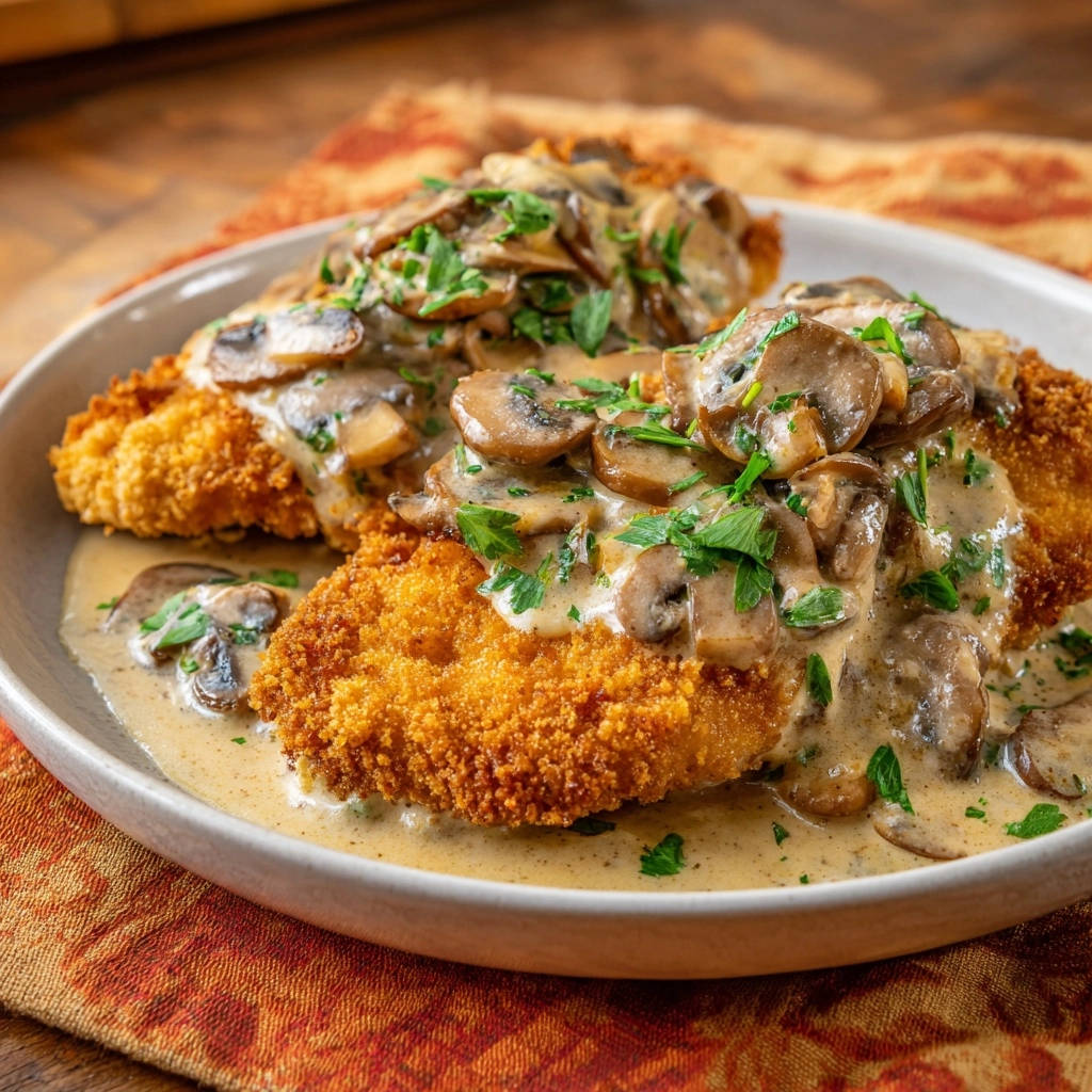 Zartes Rahm-Schnitzel mit knuspriger Panade, üppig garniert mit cremiger Pilzsauce und frischer Petersilie.