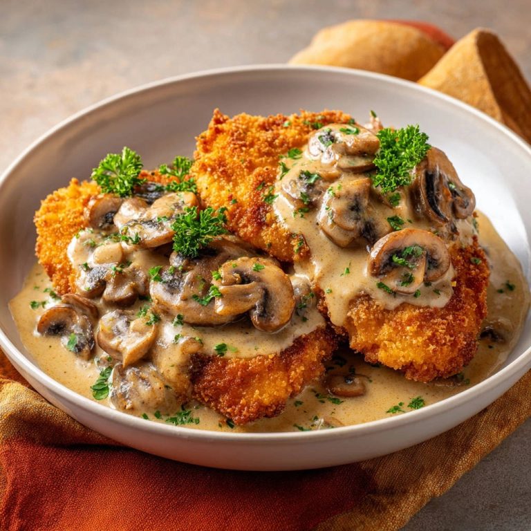 Zartes Rahm-Schnitzel mit knuspriger Panade und cremiger Pilzsauce, nahaufnahme serviert in einer Schüssel.