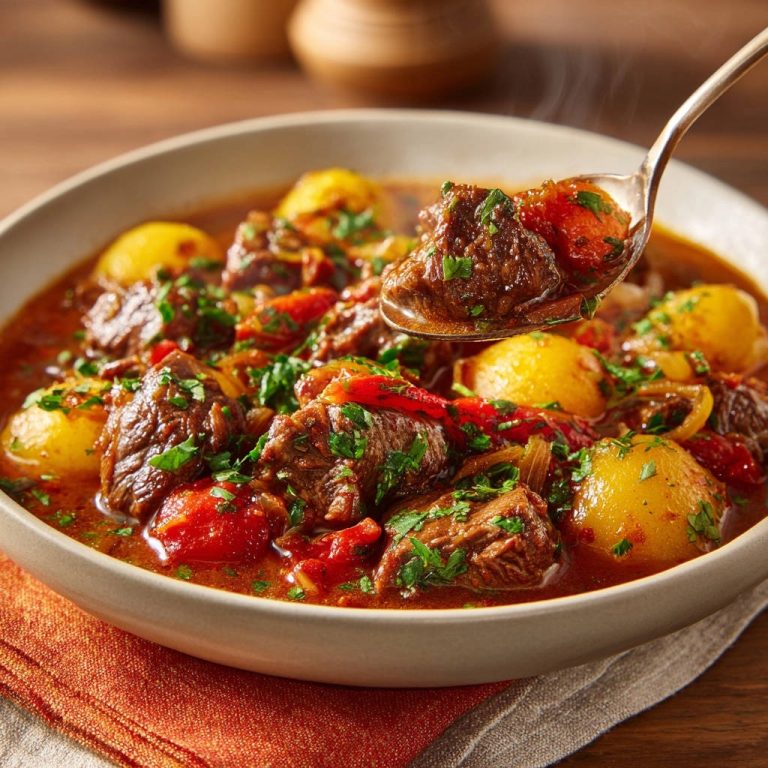 Herzhafter Rindfleisch-Gulasch mit Kartoffeln, mit einem Löffel voller zarten Gulaschstücken und Kartoffeln aus der Schüssel gehoben.