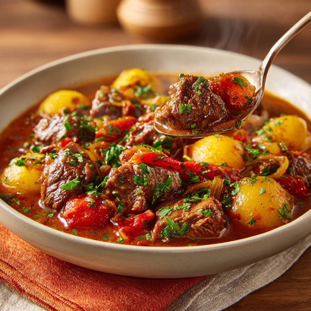 Herzhafter Rindfleisch-Gulasch mit Kartoffeln, mit einem Löffel voller zarten Gulaschstücken und Kartoffeln aus der Schüssel gehoben.