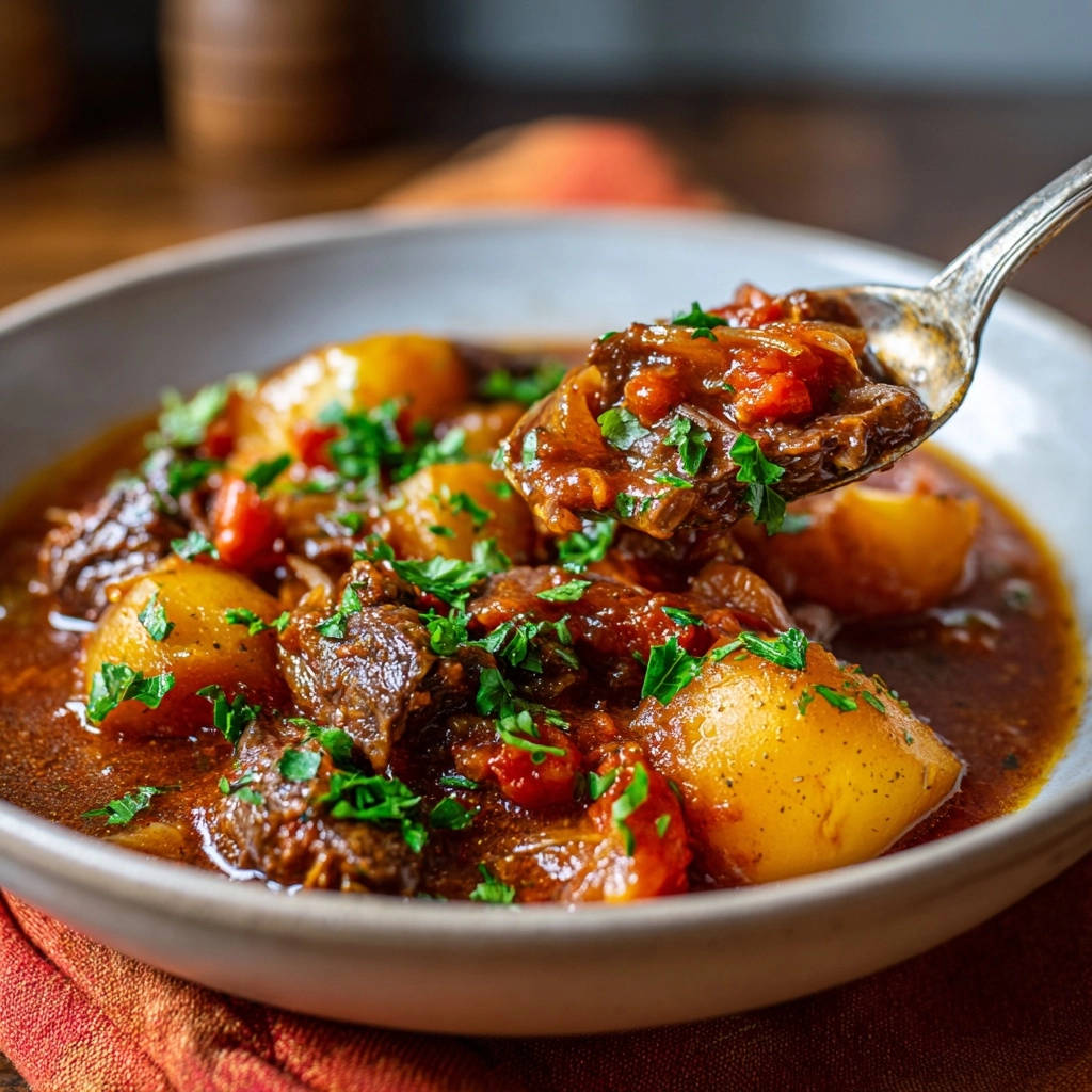 Herzhafter Rindfleisch-Gulasch mit Kartoffeln auf einem Löffel, garniert mit frischer Petersilie, Nahaufnahme.