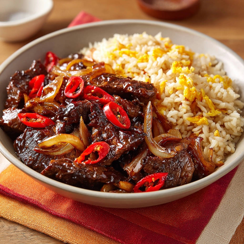 Würziger Rindfleisch-Traum mit Chili und Ei-Reis, Nahaufnahme der saftigen Rindfleischstücke mit frischen Chiliringen und Zwiebeln.