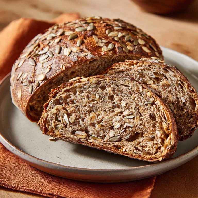 Rustikales Saatenbrot, angeschnitten auf einem Teller mit Kürbiskernen und Haferflocken, zeigt die rustikale Krume.