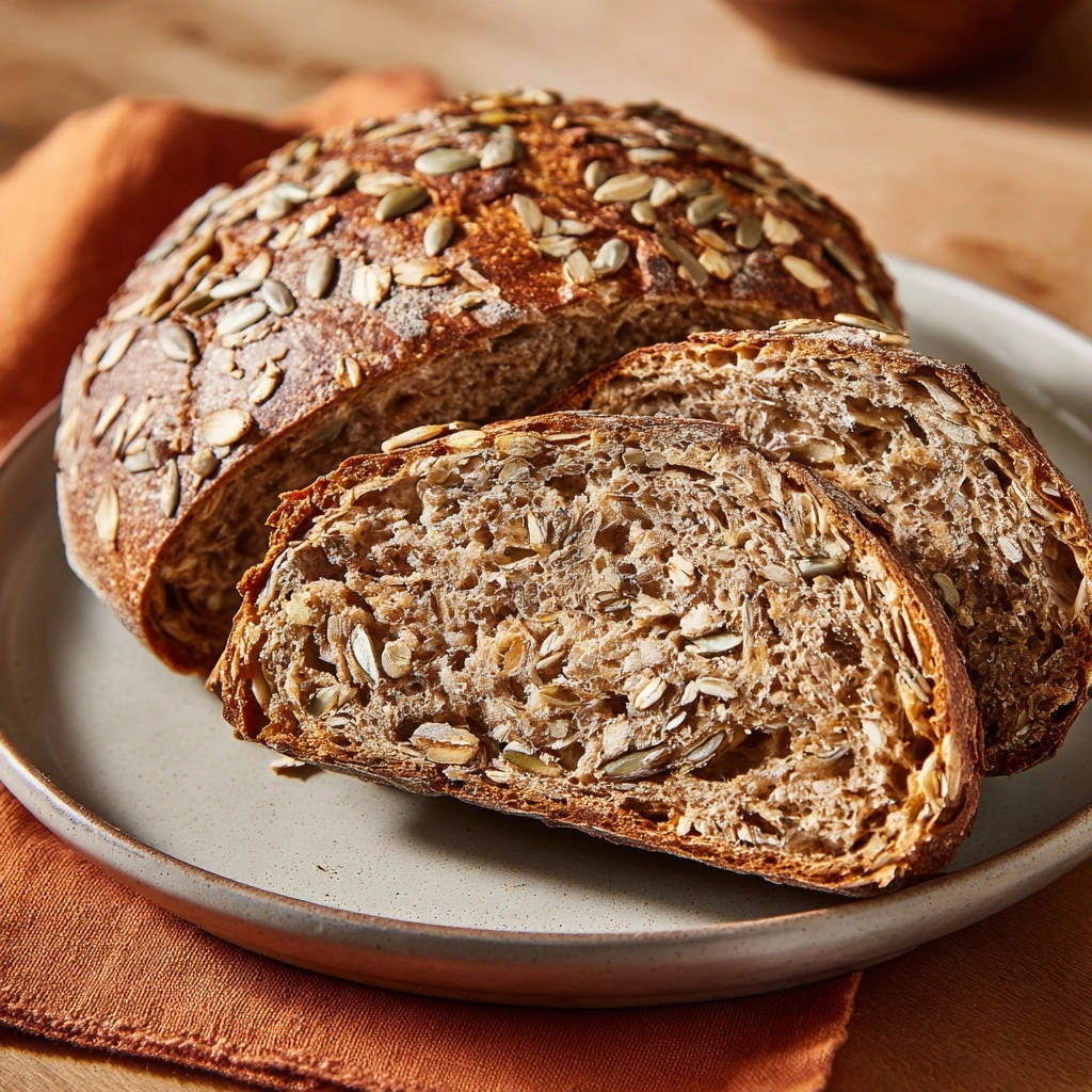 Rustikales Saatenbrot, angeschnitten auf einem Teller mit Kürbiskernen und Haferflocken, zeigt die rustikale Krume.